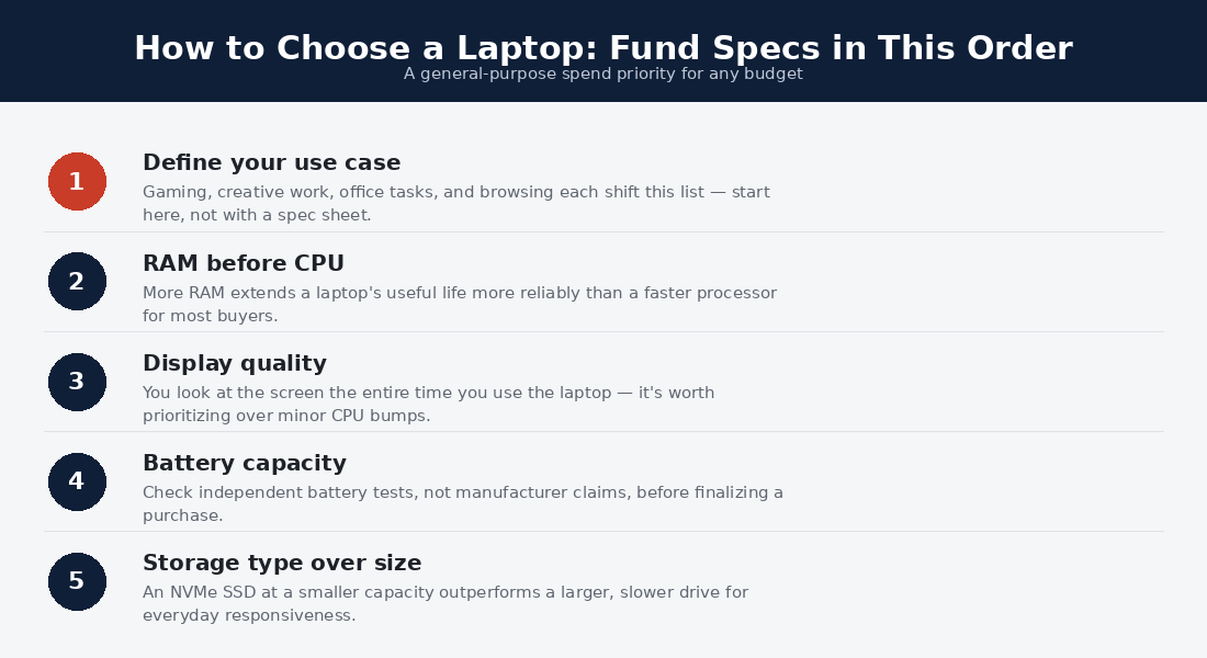 Priority ladder showing how to choose a laptop by which specs to fund first