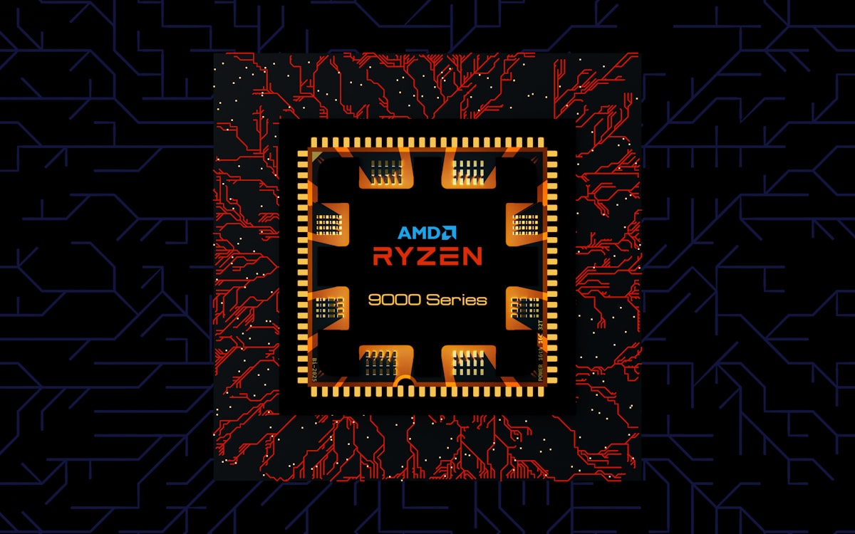 An AMD Ryzen processor chip on a circuit board background