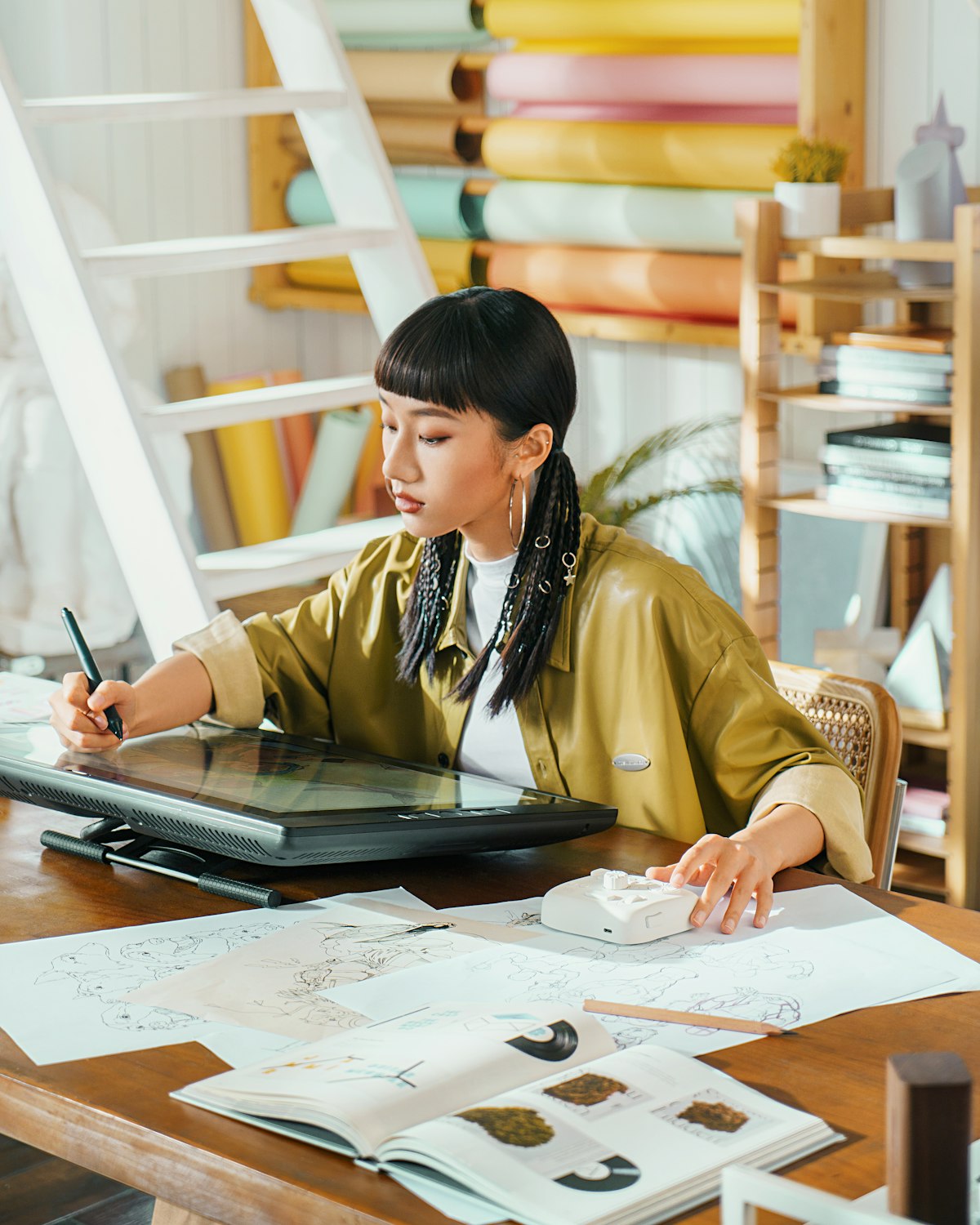 An artist works on a digital tablet in her studio